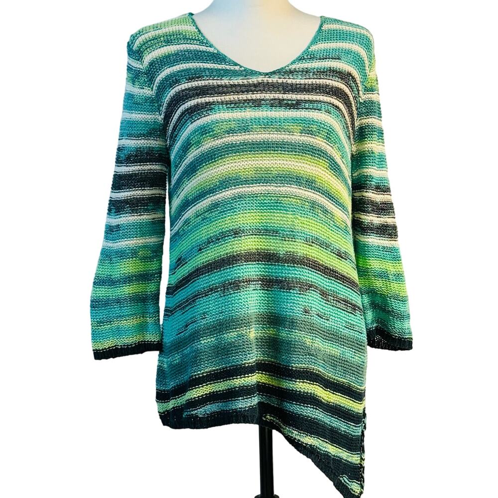 Chico's Asymmetric Hem Variegated Striped Sweater Turquoise Blue White Women M